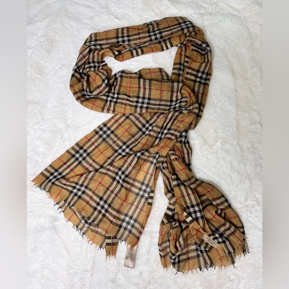 Burberry Accessories - Burberry Wool Silk Checkered Antique Lightweight Large Scarf, Tan / Black